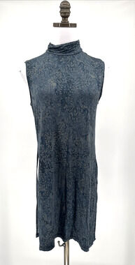 Beaufille Womens Blue Floral Mock Neck Side Slits Sleeveless Tunic Top Sz XS